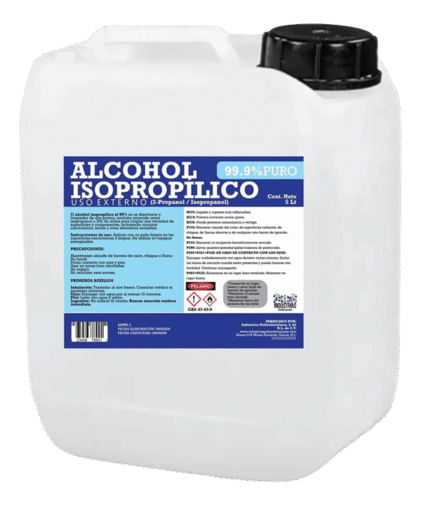 Alcohol Isopropílico 99% (Anhidro) Desinfección Limpieza Total, 5 Litros