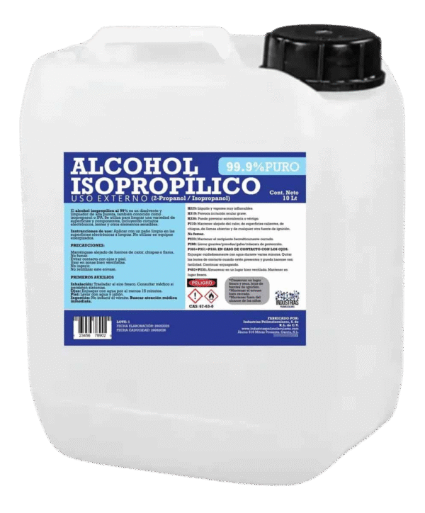 Alcohol Isopropílico 99% (Anhidro) Desinfección Limpieza Total, 10 Litros